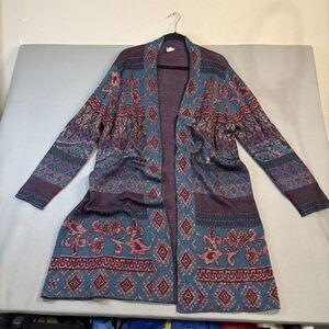Chicos Size 4 XXL Purple Metallic Gold Aztec Open Front Cardigan Southwestern